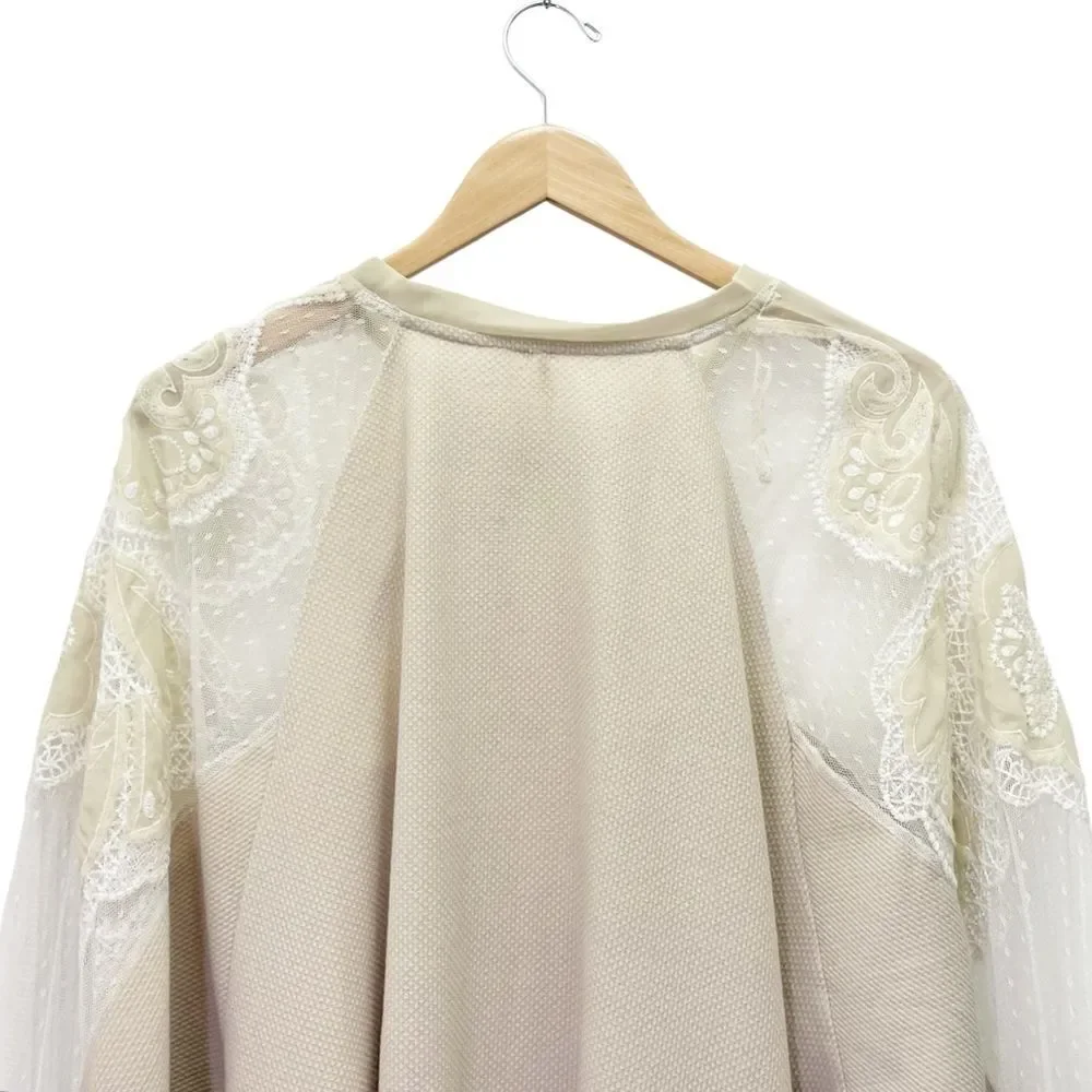 Free People Toni Boho Tunic Beige Lace Thermal Flowy Oversized Top Size Small
